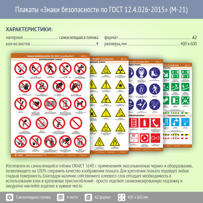 Плакаты «Знаки безопасности по ГОСТ 12.4.026-2015» (М-21, самоклеящаяся ...