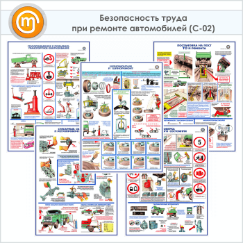 Плакат «Техника безопасности при ремонте автомобилей» (С-02, ламинированная бумага, А2, 5 листов)