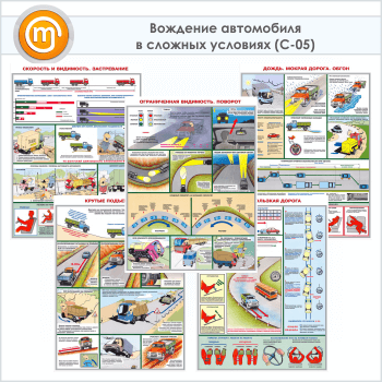 Плакаты «Вождение автомобиля в сложных условиях» (С-05, ламинированная бумага, А2, 5 листов)