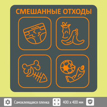 Наклейка на бак «Смешанные отходы», B96 (пленка c ламинированием, 400х400 мм)