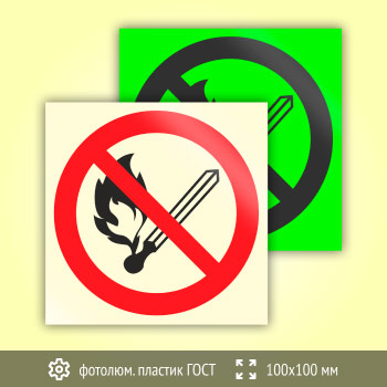 Знак P02 «Запрещается пользоваться открытым огнем и курить» (фотолюминесцентный пластик ГОСТ 34428-2018, 100х100 мм)