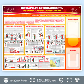 Стенд «Пожарная безопасность. Первичные средства пожаротушения» с плоским и объемным карманами (PB-04)